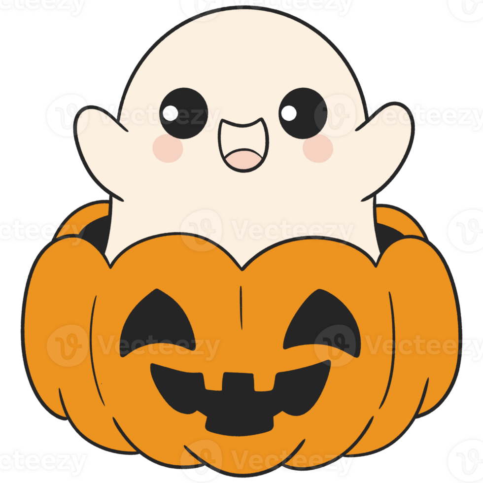halloween cute ghost popping out of a jack o lantern in flat color cartoon style png