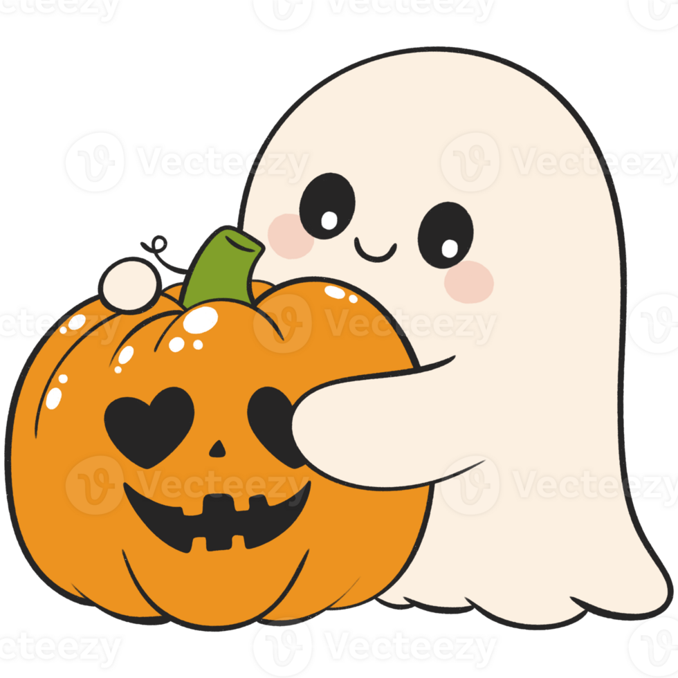 halloween cute ghost hugging pumpkin with heart eyes in flat color style png