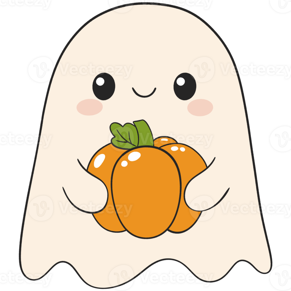 halloween ghost holding small pumpkin in cute flat style cartoon art png