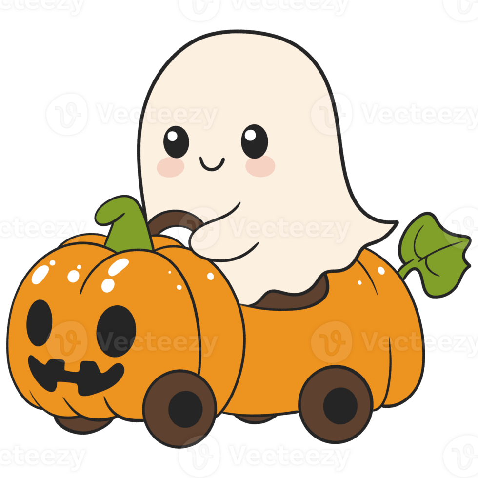 halloween cute ghost riding a pumpkin like a car in kid cartoon style, playful fall illustration for seasonal projects png