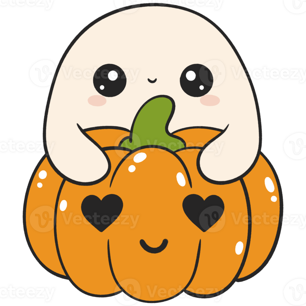 halloween cartoon ghost with pumpkin and heart eyes in cute flat style png
