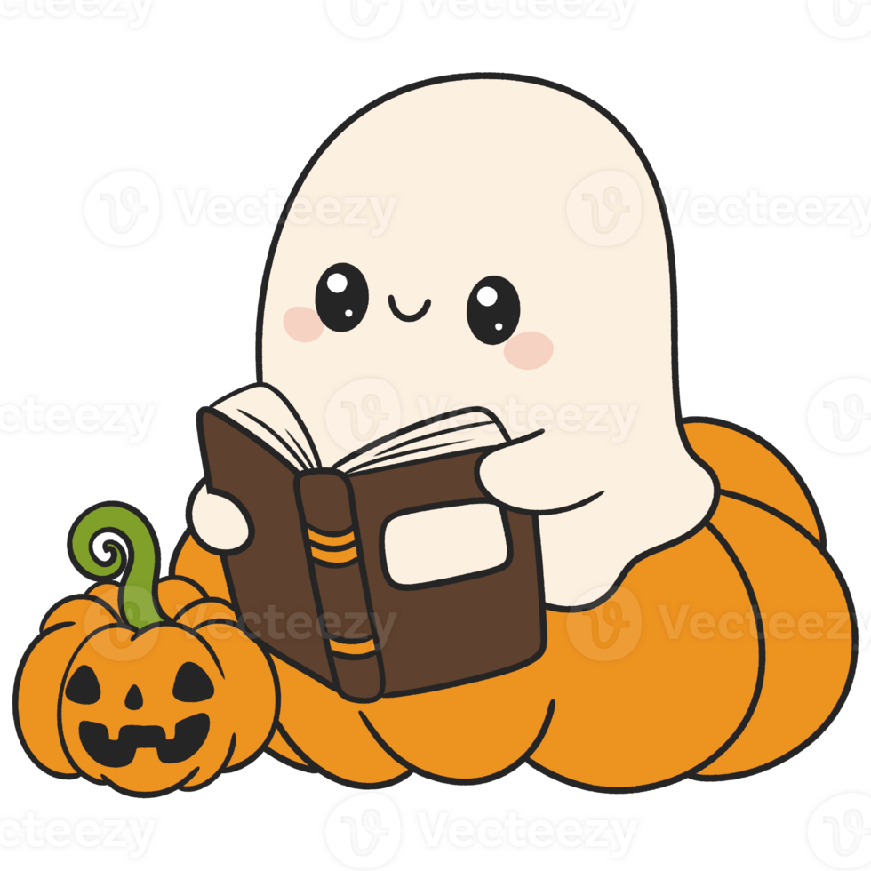 halloween cute ghost reading a book to a little pumpkin in flat color cartoon style png