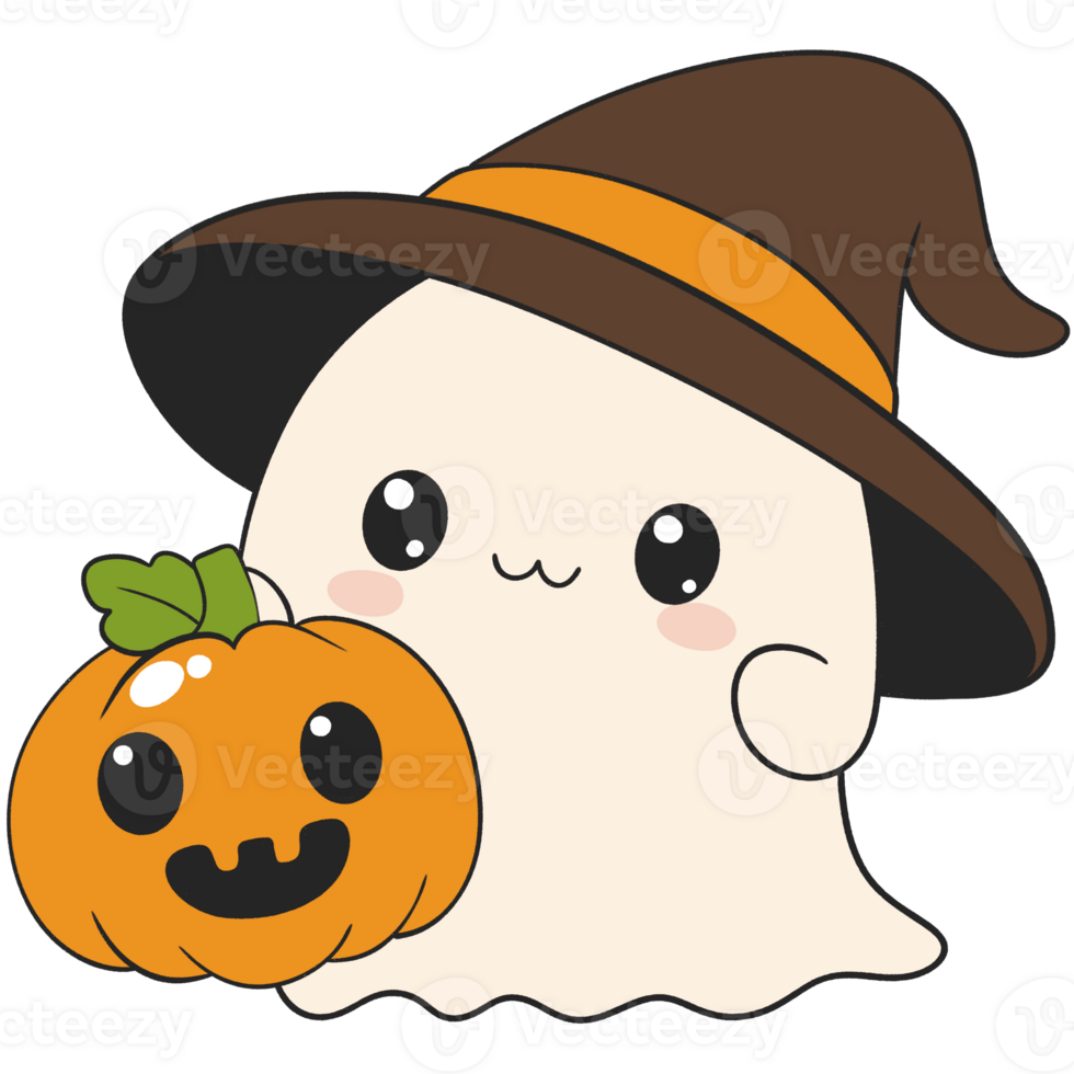 halloween cartoon ghost with mini pumpkin in hand for kids illustration png