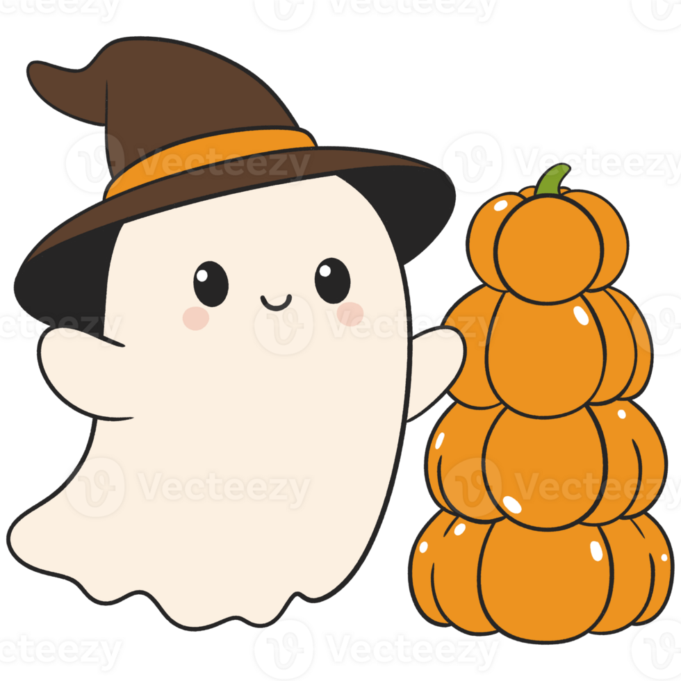 halloween cute ghost with a stack of pumpkins in flat color cartoon style png