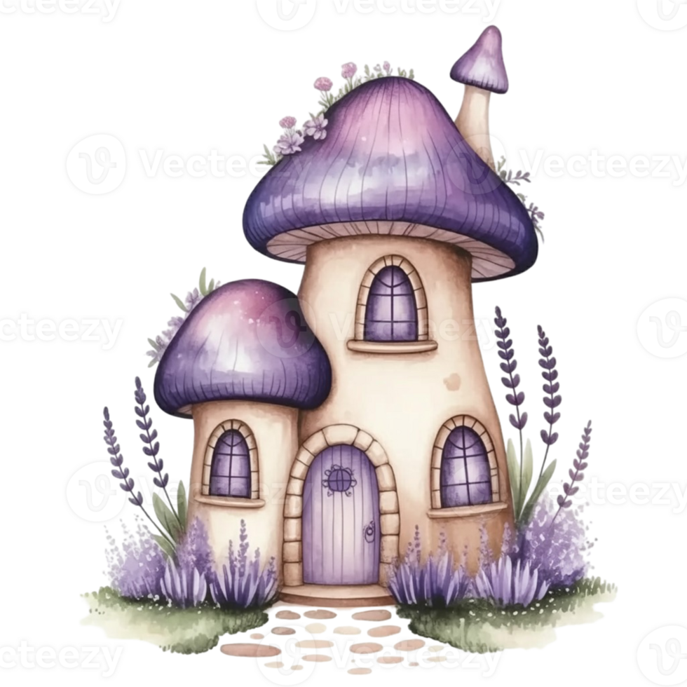 A purple mushroom house with lavender flowers png