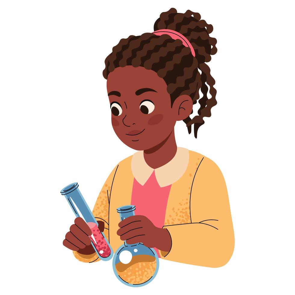 African American Schoolgirl with Chemistry Test Tubes in Flat Style, Science Lab Illustration. Child Doing Chemical Experiment, Education Concept. Ideal for Science Posters, Classroom Material. vector