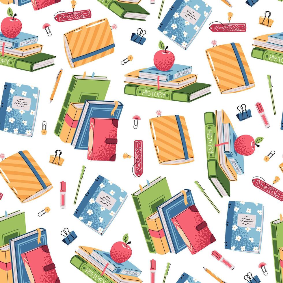 Colorful books and stationery pattern vector