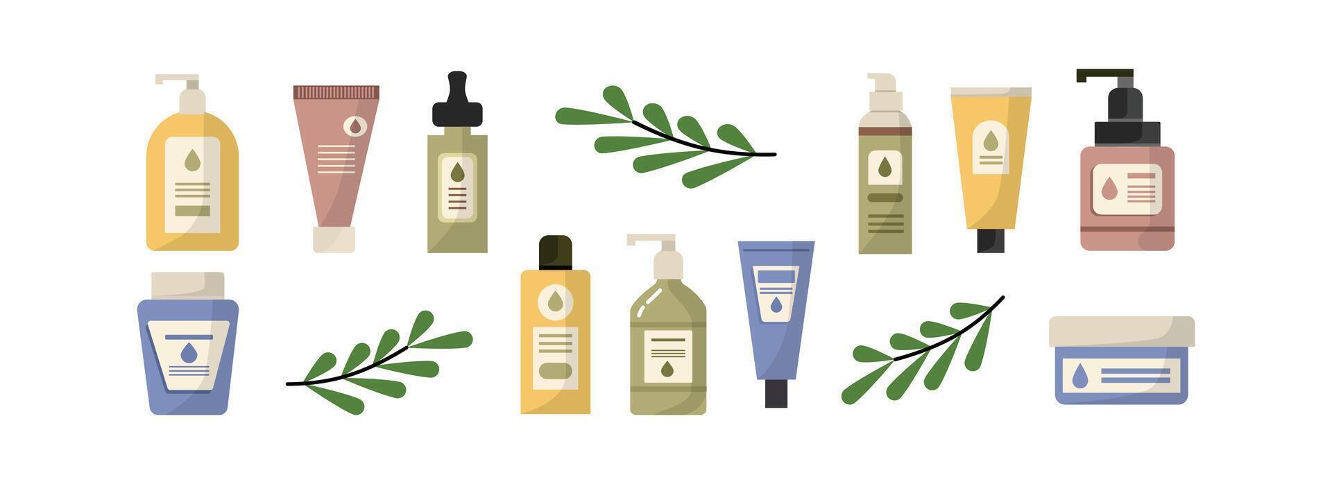 Natural skincare products with green leaves vector