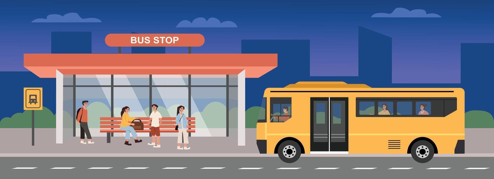 City bus stop illustration with commuters vector