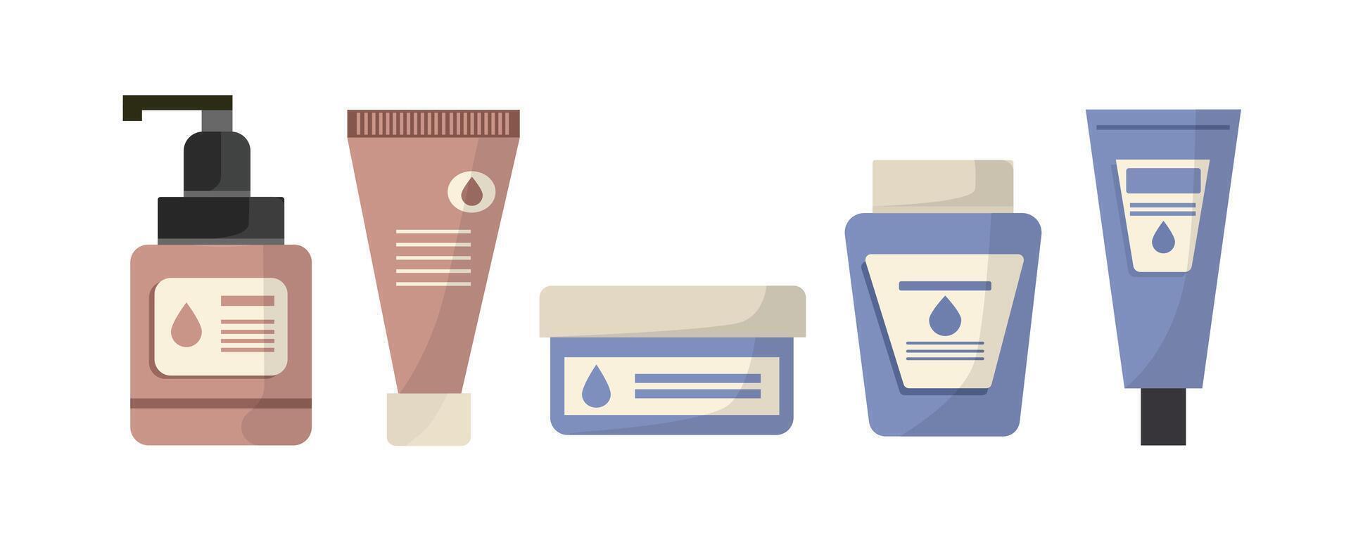 Makeup bottle. Cosmetics packaging. Set of skincare bottle. Soap bottle illustration. Collection of medicine packaging vector