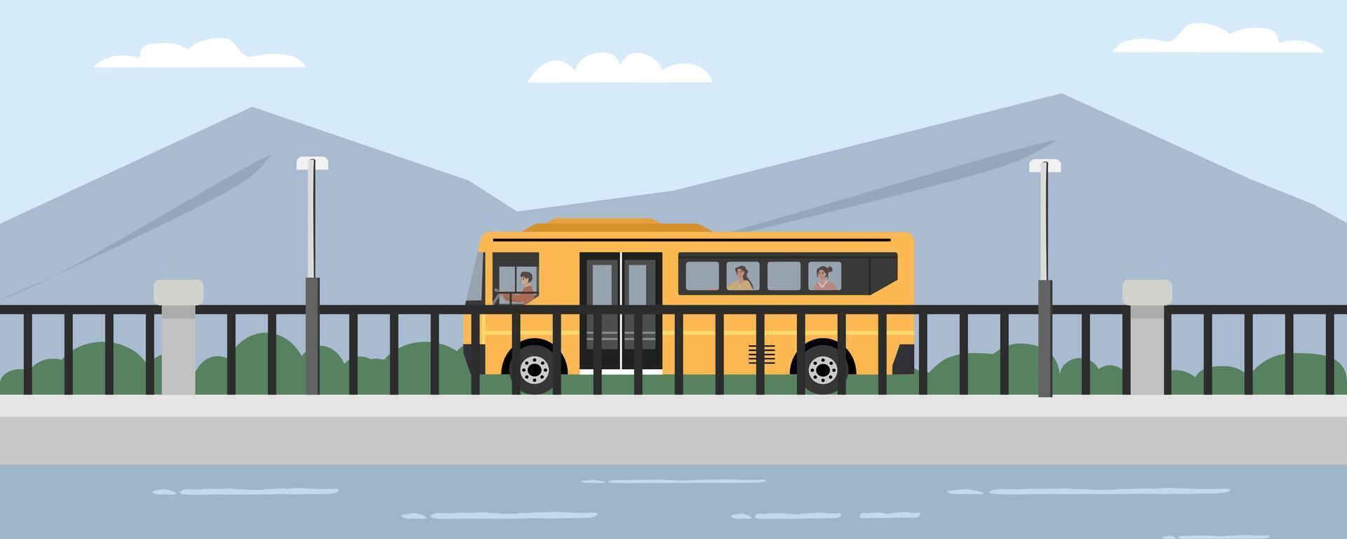 Yellow bus by the river vector