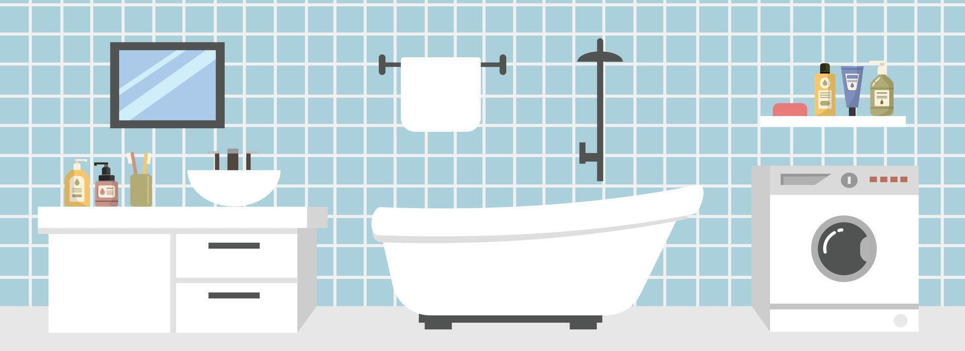 Washbowl at bathroom. Bathroom decoration. Washing machine. Bathtub shower. Hanging towel. Faucet vector