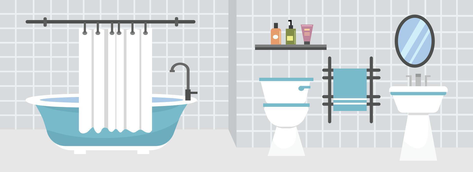 Marble basin. Bath tub design. Bathroom interior. Toilet flush. Closed toilet. Faucet. Apartment toilet vector