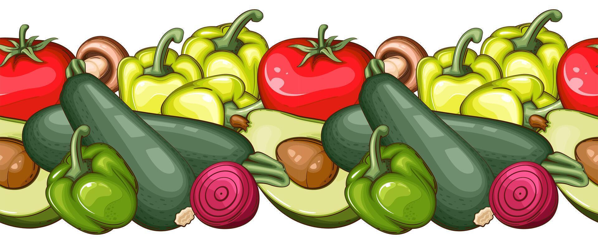 Food Border Seamless. Seamless Garland with Vegetables. Horizontal Vegetables Border. Veggies Background Seamless. Healthy Food Concept. Organic Food Farmers Markets, Banner, Wallpaper, textile vector