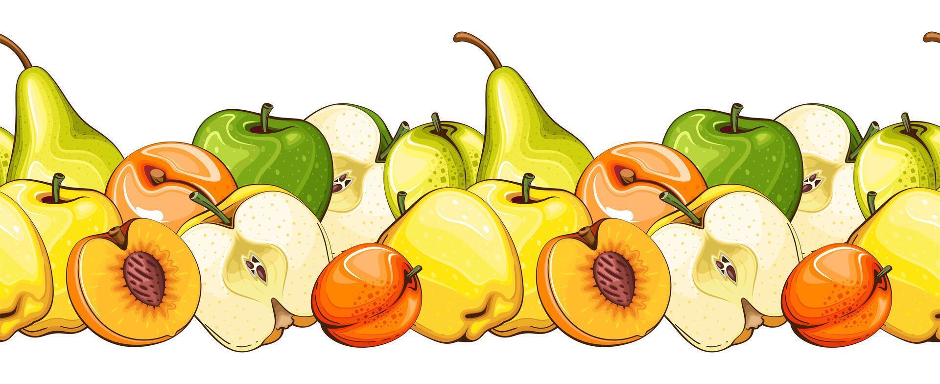 Fruits Seamless. Seamless Garland with Fruits. Horizontal Border with fresh Fruits. Fruits Background Seamless. Healthy Food Concept. Organic Food Farmers Markets, Banner, Flyer, Wallpaper, textile vector