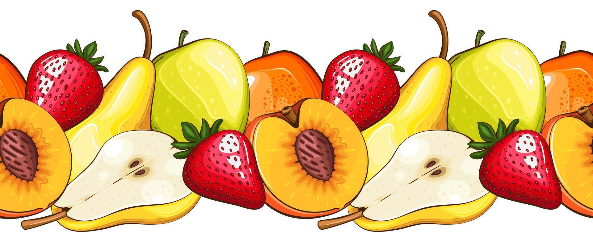 Food Seamless. Seamless Garland Fruits. Horizontal Border with fresh Fruits. Fruits Background Seamless. Healthy Food Concept. Organic Food Farmers Markets, Banner, Flyer, Wallpaper, textile vector