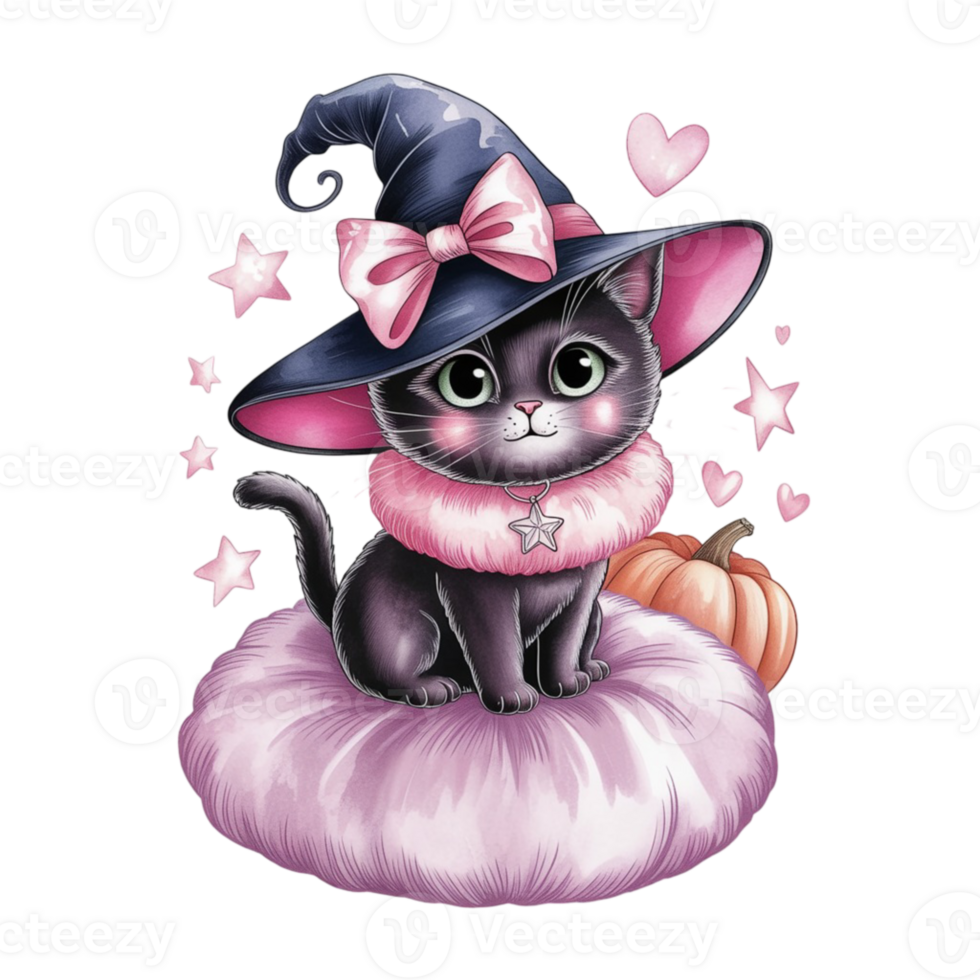 A black cat wearing a witch hat and a pumpkin png