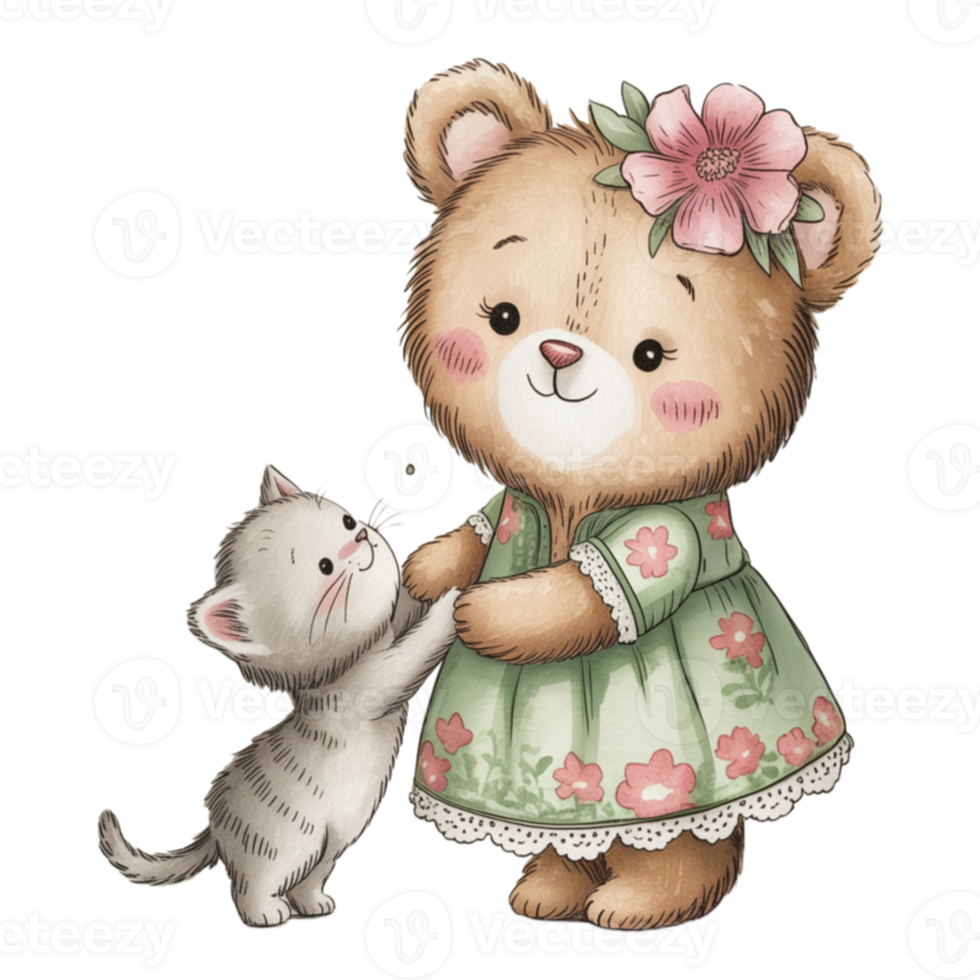 A teddy bear and a kitten are playing together png