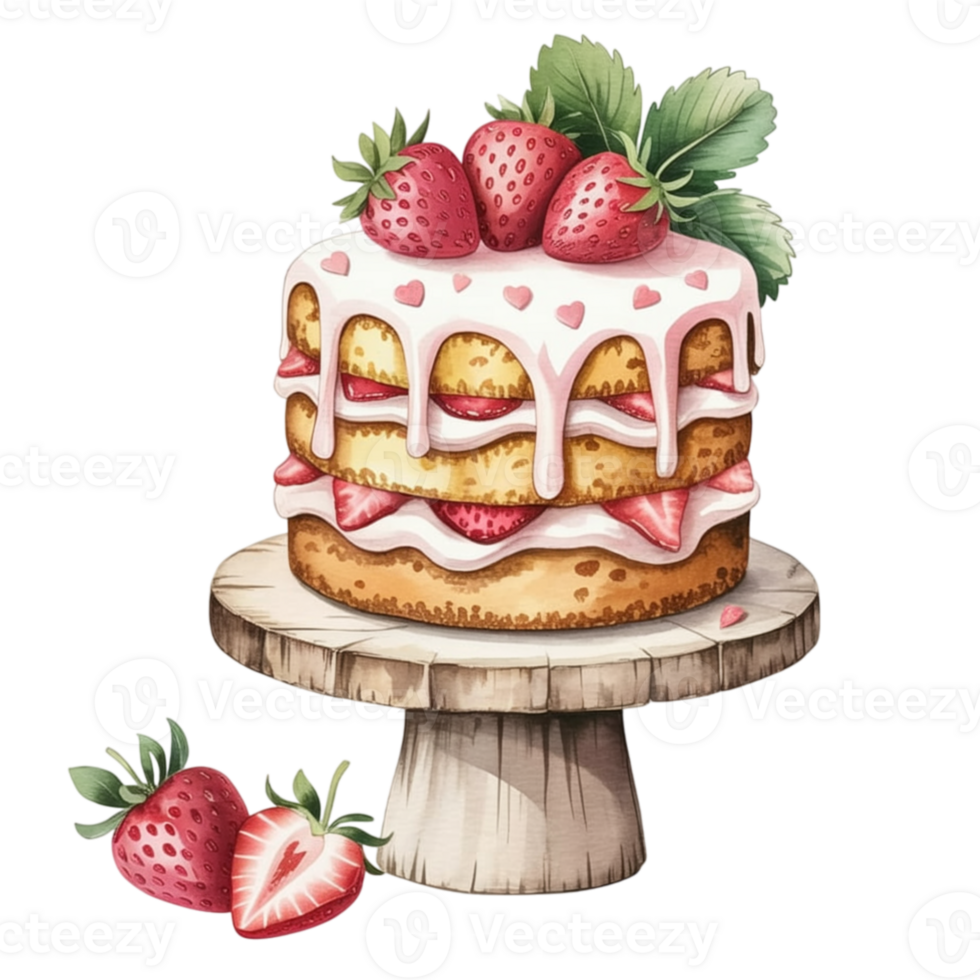 A strawberry cake with cream and strawberries on a cake stand png