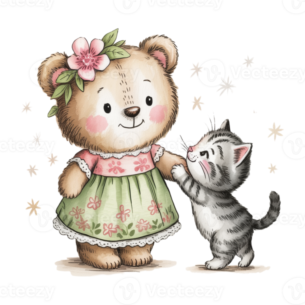 A teddy bear and a kitten are dancing together png