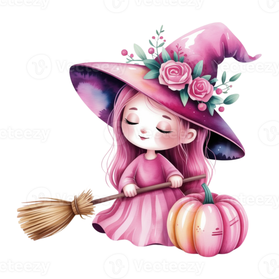 A cute little witch with pink hair and a broom png