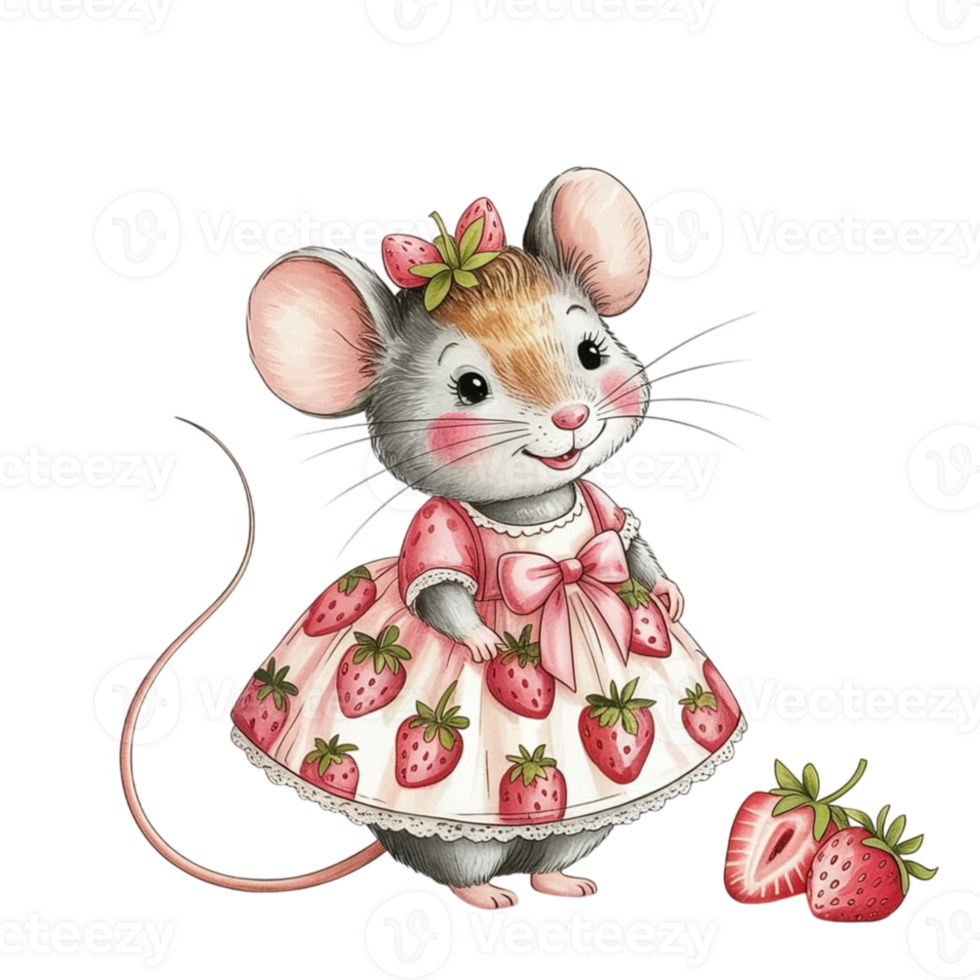 A mouse wearing a dress with strawberries on it png