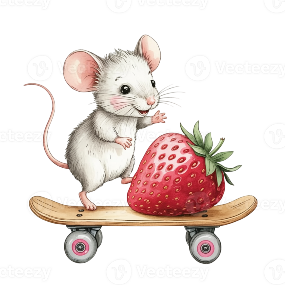 Mouse riding on a skateboard with a strawberry png