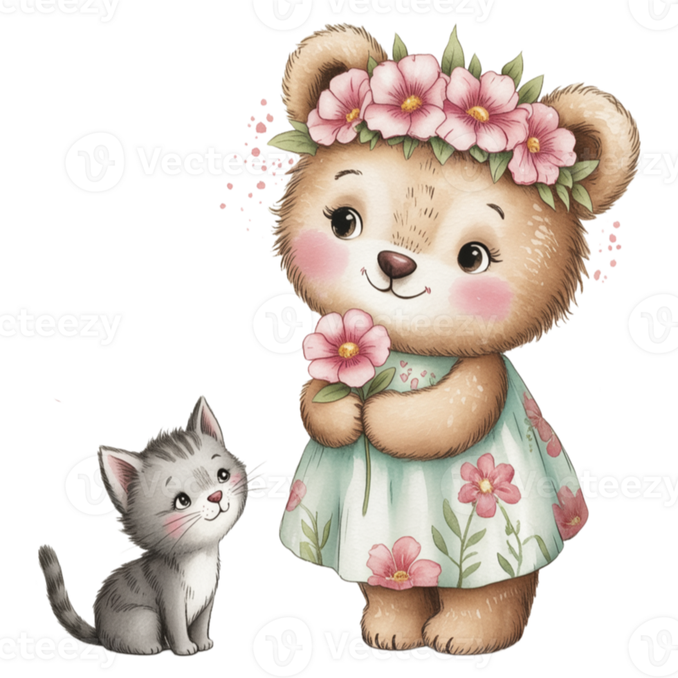 A cute bear and a kitten in a dress png