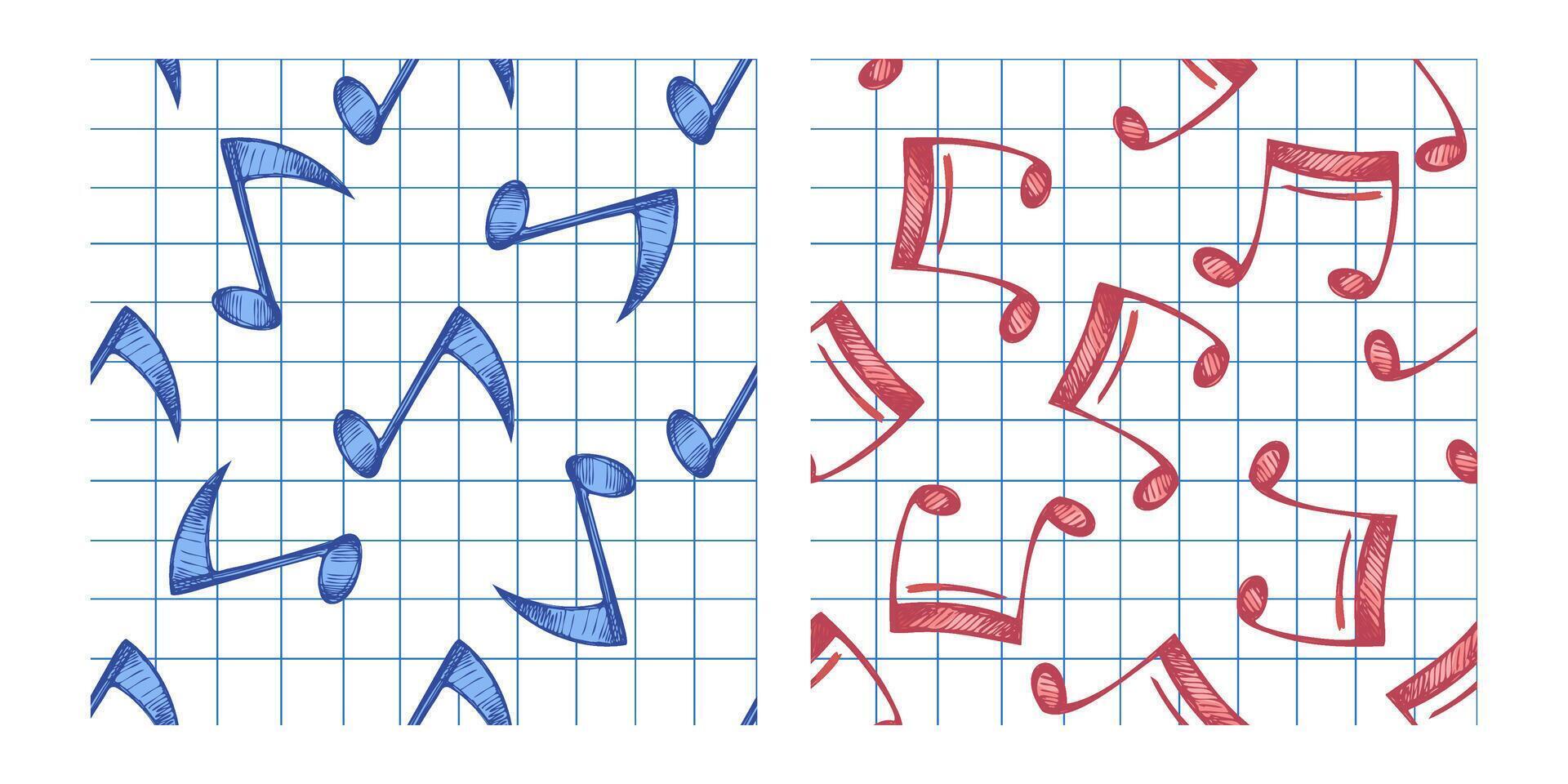 Hand-drawn sketch style music seamless patterns set. Musical note on grid background. vector