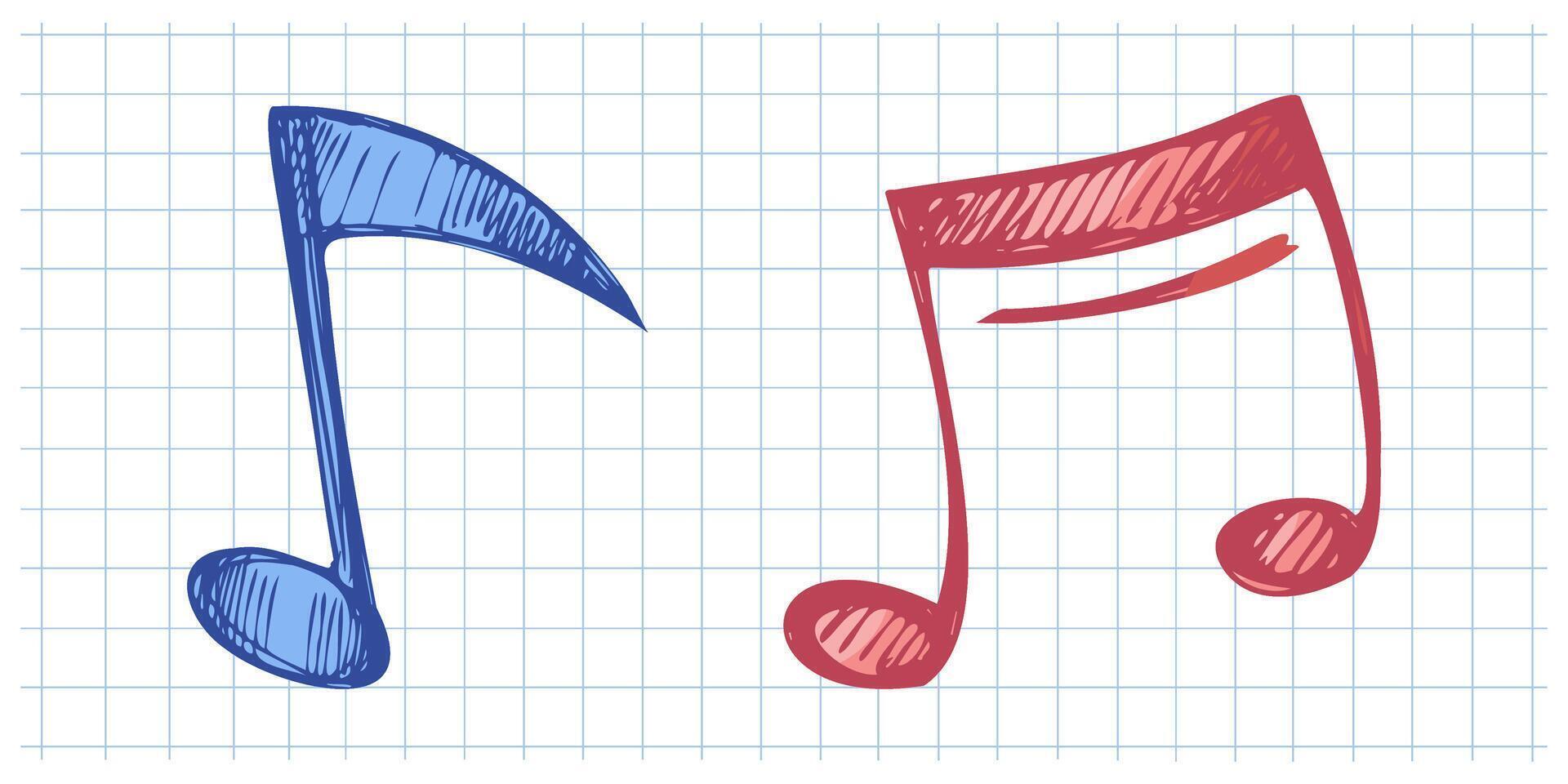 Hand drawn sketch style music Illustration. Musical notes on grid background. Back to School. vector