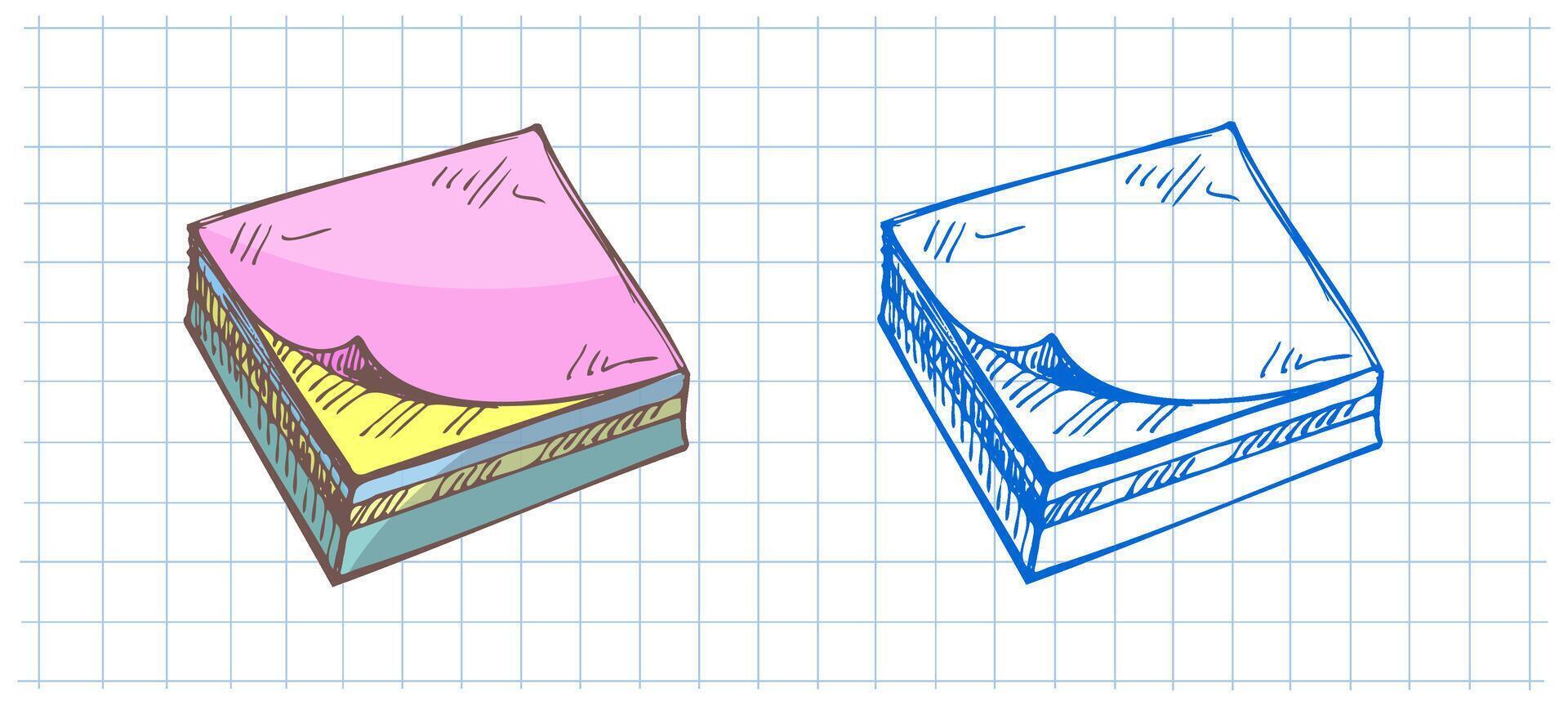 Hand drawn vintage sketch of sticky notes stack in color and monochrome version on squared notebook background vector