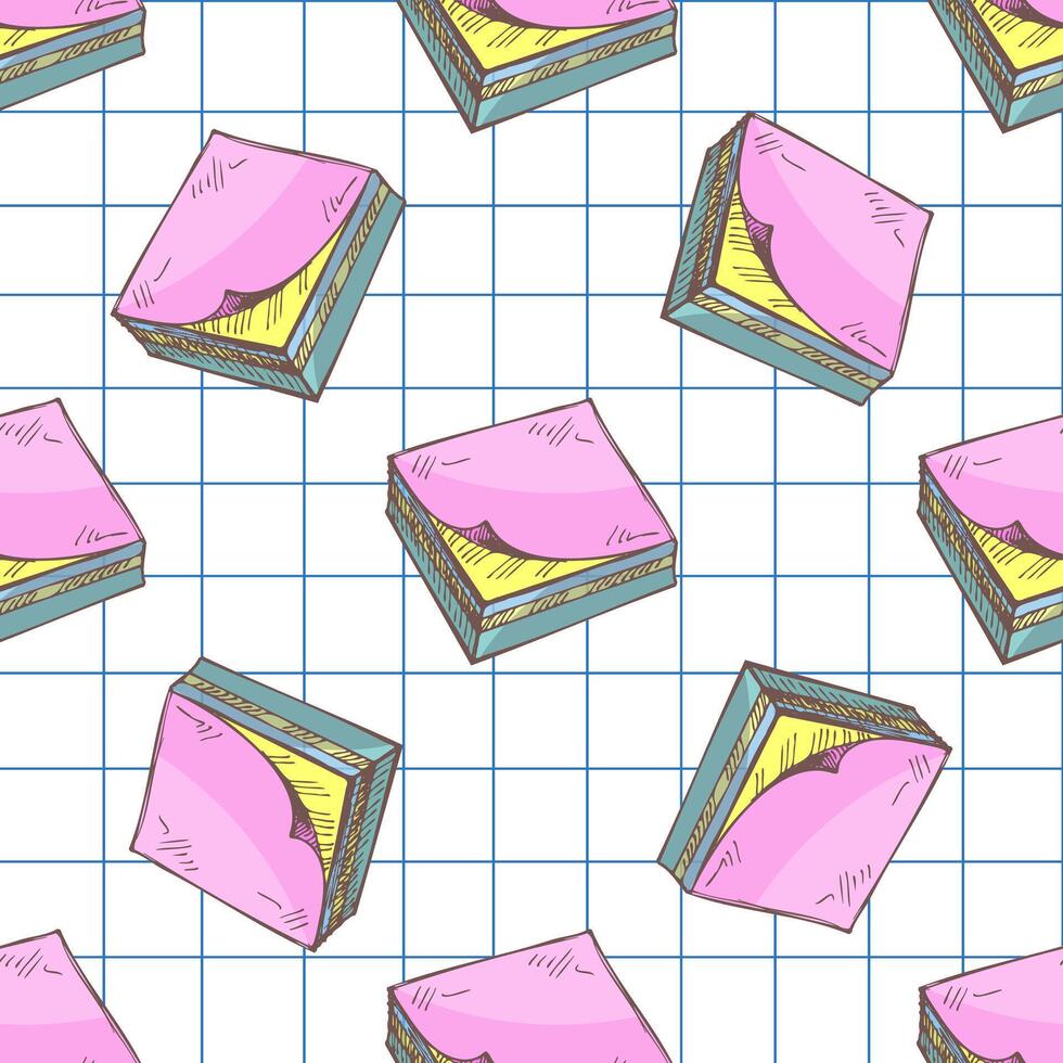 Hand drawn seamless pattern of colorful sticky notes on squared paper background, sketch style illustration for school vector