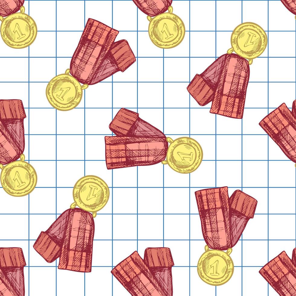 Hand drawn vintage style sport and school seamless pattern. First place medal sketch. Back to School vector