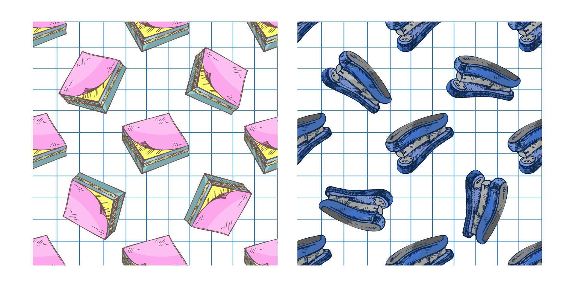 Hand drawn seamless pattern of sticky notes and staplers in pastel colors on squared paper background, vintage style vector
