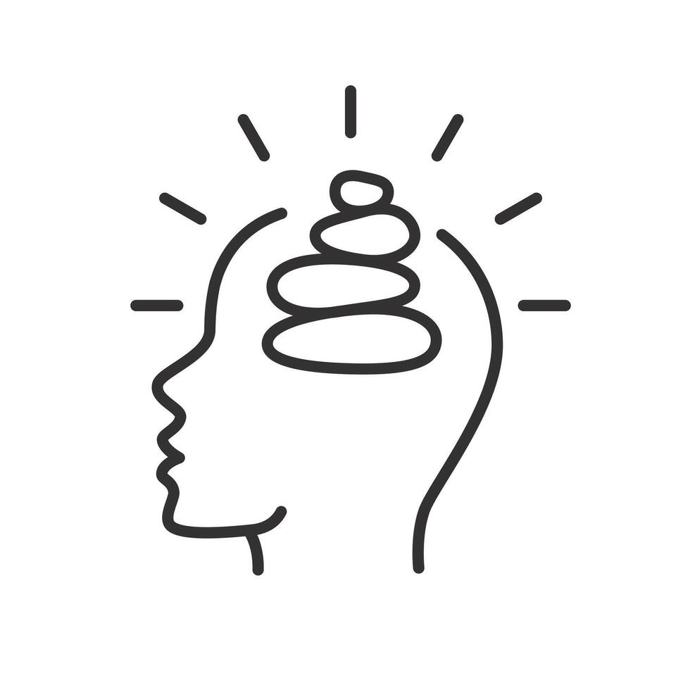balance mental health icon, human head with stones pyramid, thin line symbol on white background - editable stroke illustration eps10 vector