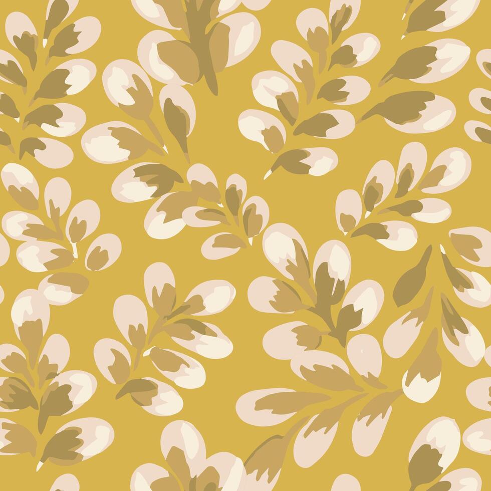 Seamless pattern with artistic beige and taupe leaves on a mustard yellow background. Design for textile, prints, packaging, wallpapers, natural themed branding vector