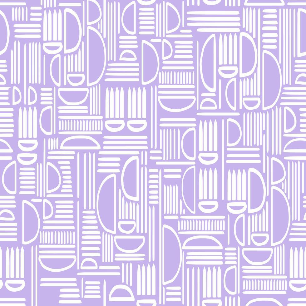 Seamless geometric pattern with hand drawn shapes and lines. Modern tribal style in white and violet, purple, lavander. Template for textile, wrapping paper, stationery, backgrounds, decor vector