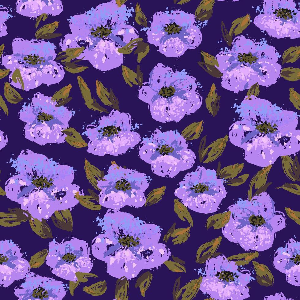 Seamless floral pattern with violet and purple hand painted poppies on a deep background. Template for fashion textiles, packaging, wallpaper, and modern surface design vector