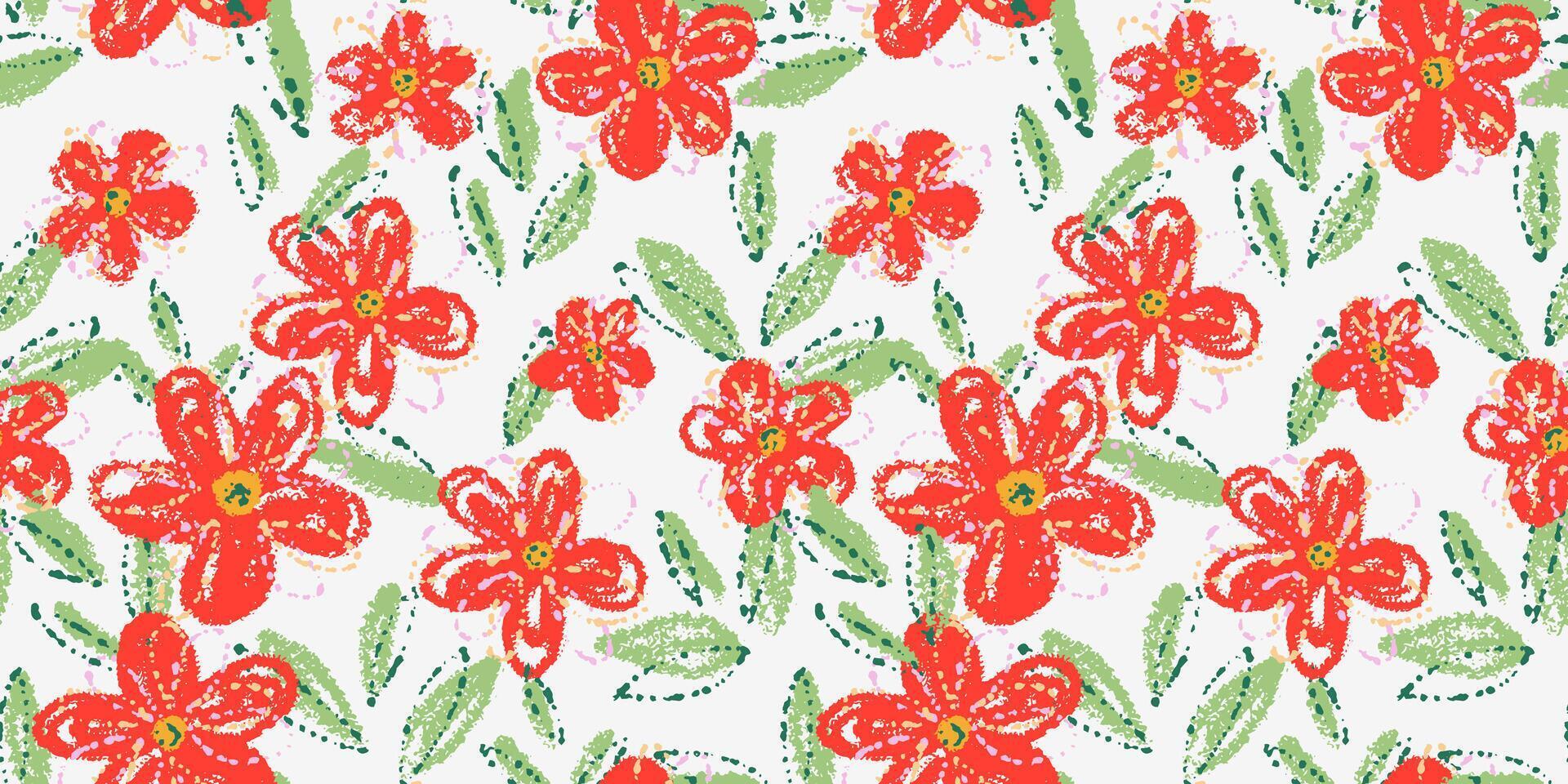 Seamless floral pattern with red abstract daisy like flowers and green leaf with textured brush strokes on a white background. Template for textiles, wallpapers, packaging, and kids vector