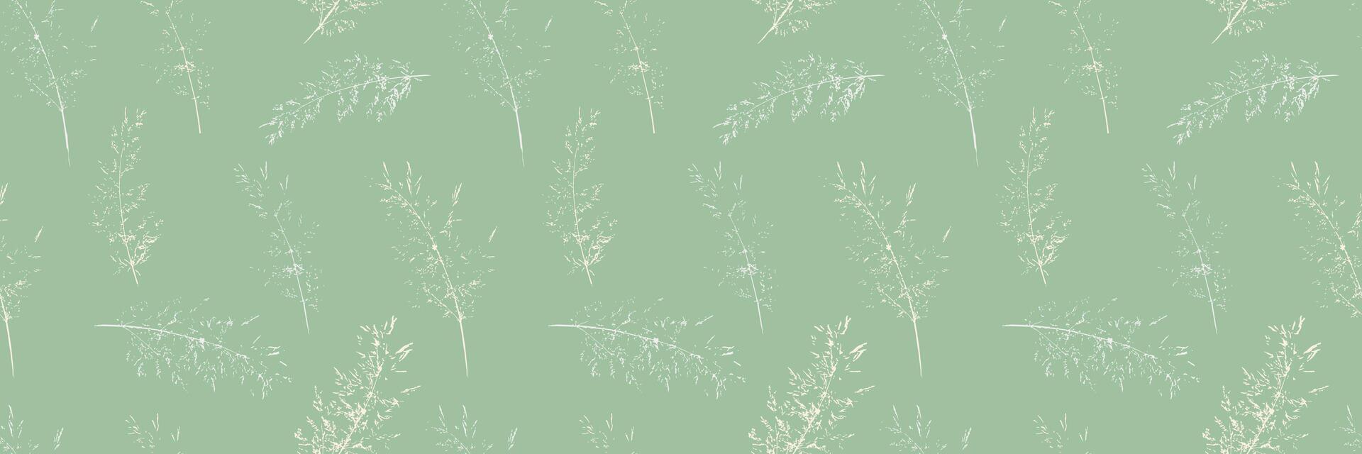 Seamless pattern featuring delicate, hand drawn grass stems in a soft, vintage style. The muted green background complements the subtle botanical design for textiles, wallpaper, packaging vector