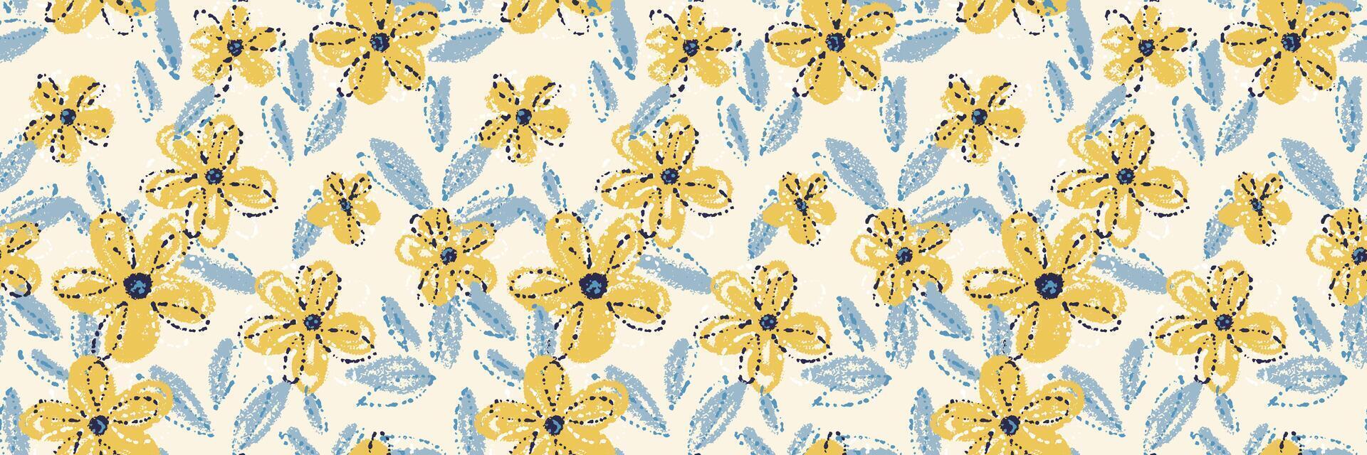 Seamless floral pattern with yellow crayon style flowers and blue leaves on a light beige background. Abstract hand drawn texture, template for summer textiles and wrapping paper vector