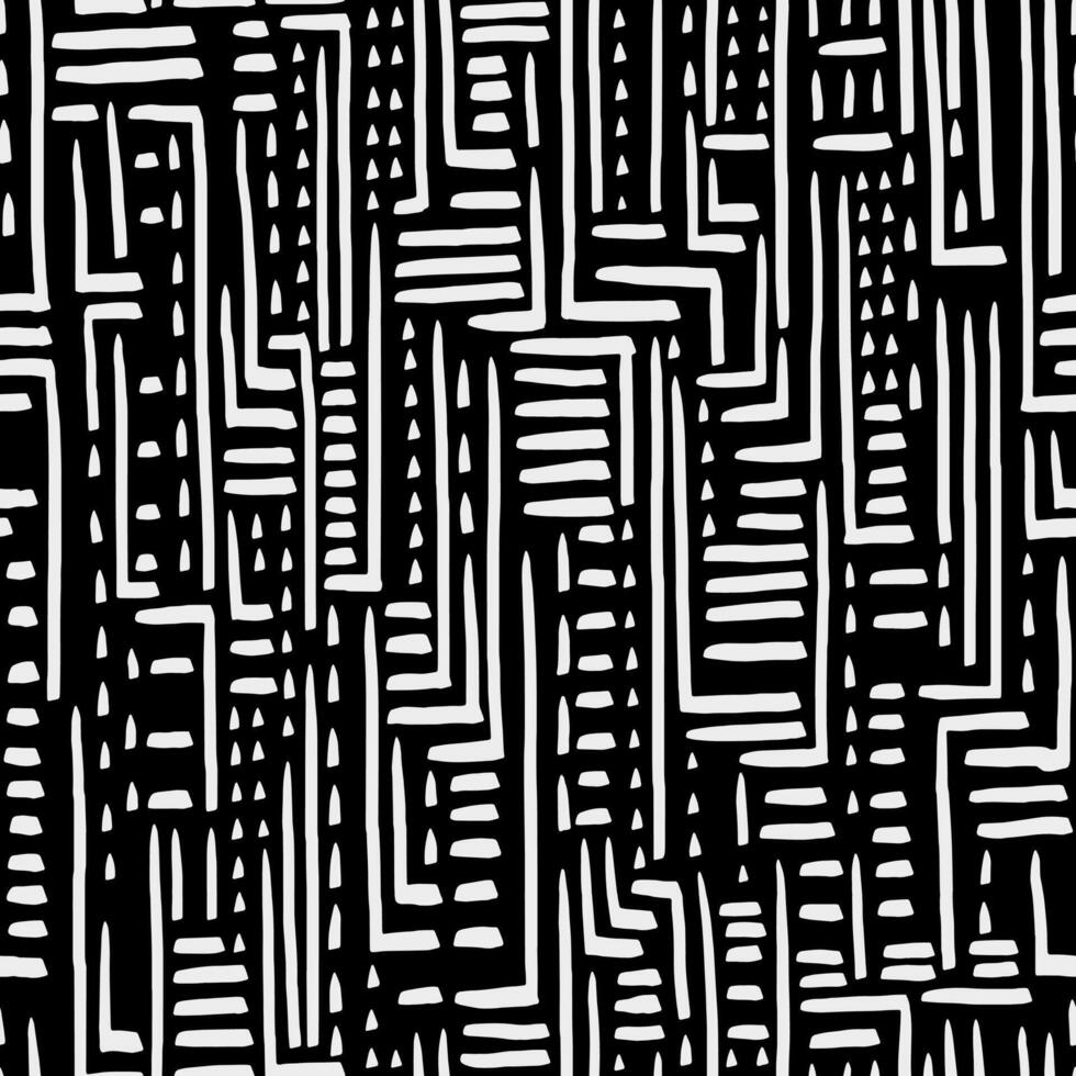 Seamless hand drawn tribal pattern in black and white. Ethnic abstract texture with geometric lines and shapes. Template for fabric, wallpapers, backgrounds, and wrapping paper vector
