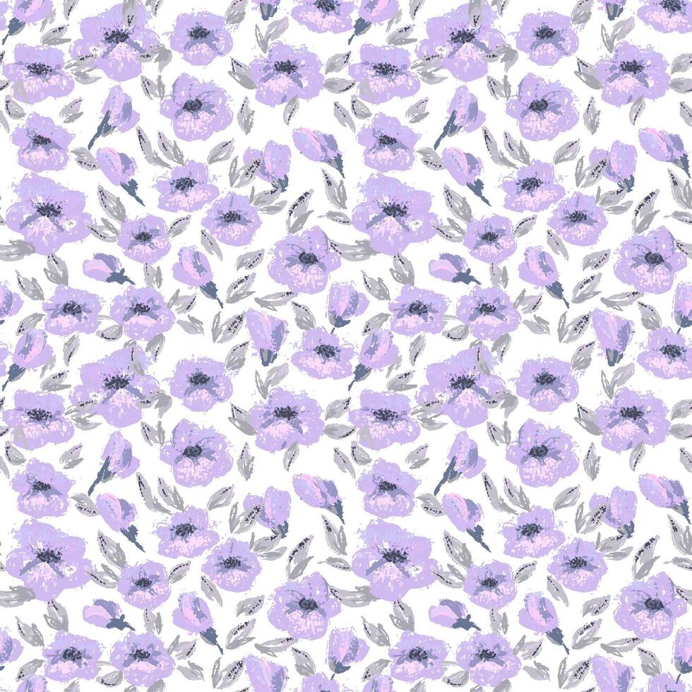 Seamless floral pattern with pastel purple, violet blossoms, soft leaves, and painterly brush texture on a white background. Template for fabric, packaging, wallpapers, and spring decor vector