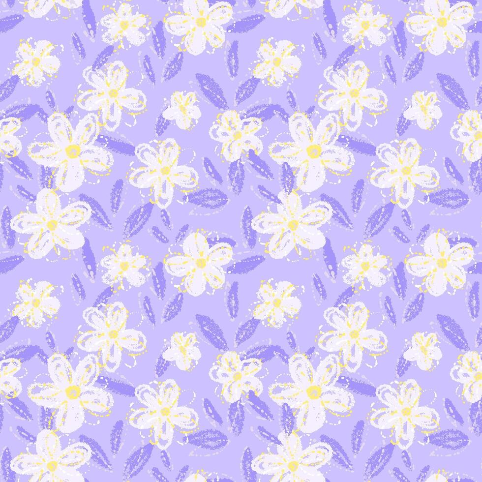 Seamless floral pattern with hand drawn soft flowers and leaves on a pastel purple, violet background. Artistic and playful design for textiles and kids products, spring or summer theme vector