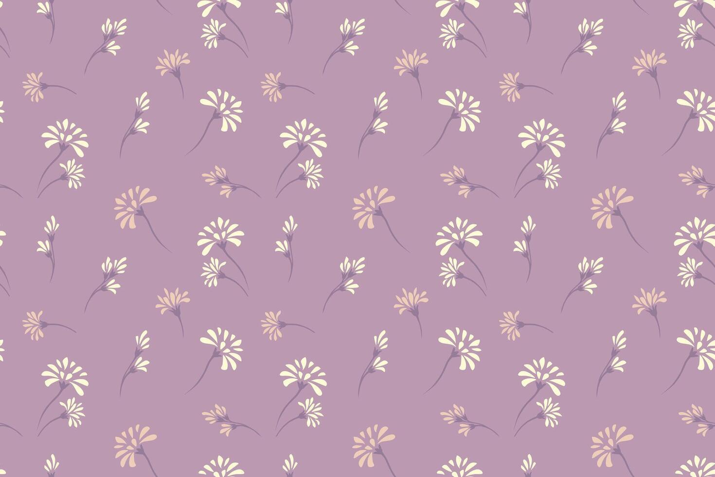 Seamless floral pattern with delicate daisies with stems on a soft purple violet background. drawn plain unique flowers print. Design for spring summer themed projects, stationery, gift wraps. vector
