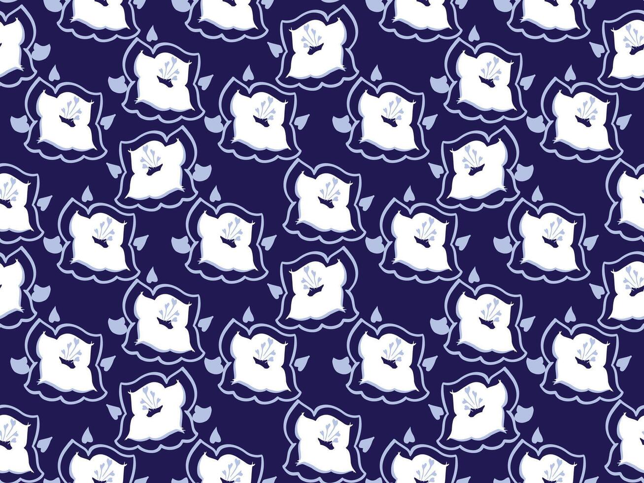 Playful seamless pattern featuring bold blue flowers with stylized outlines on a navy blue background. Perfect for kids products, textiles, stationery, or cheerful home decor designs. vector