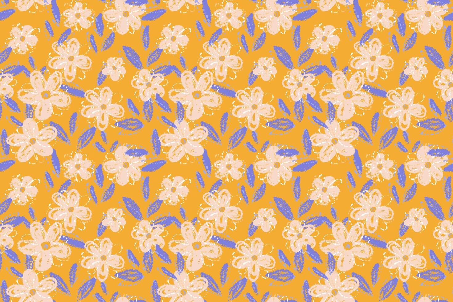 Seamless floral pattern with abstract flowers and blue leaves on a vibrant yellow background. Artistic and playful style design for textiles, packaging, and stationery vector