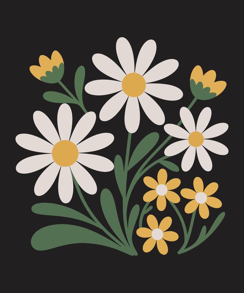 Modern minimalist daisy and buttercup floral bouquet dark background, muted tones, spring aesthetic. vector