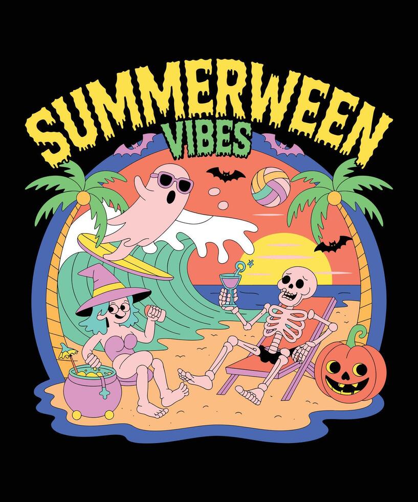 Summerween Beach Party Cartoon Skeleton, Witch, and Ghost Enjoying Summer Halloween Vibes vector