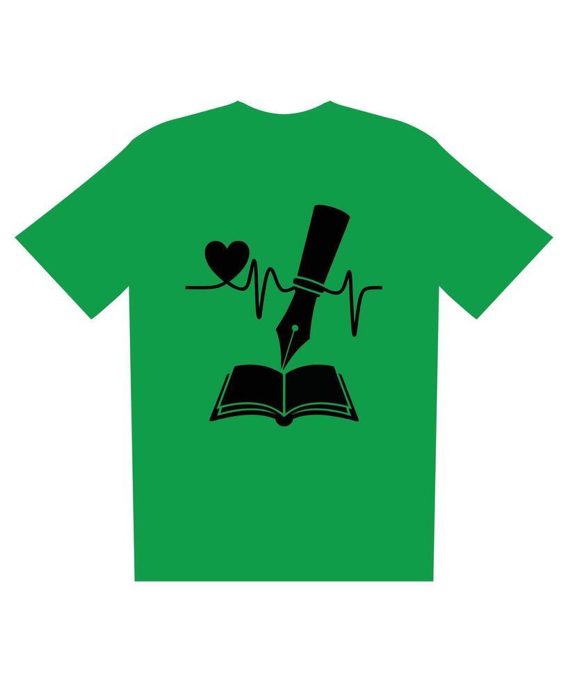 Green T-Shirt Design Heartbeat, Pen, Open Book Passionate Writer Concept Illustration. vector